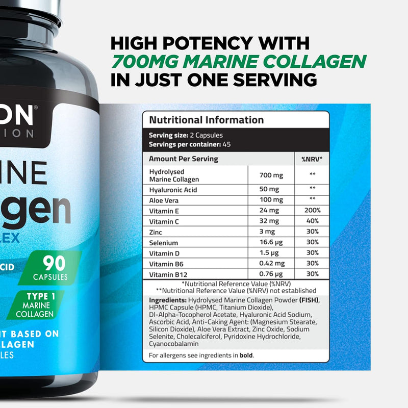 Marine Collagen Capsules 1400mg with Hyaluronic Acid, High Strength Collagen Supplement, Hydrolyzed Collagen Supplement for Women and Men (Not Collagen Powder or Tablets)